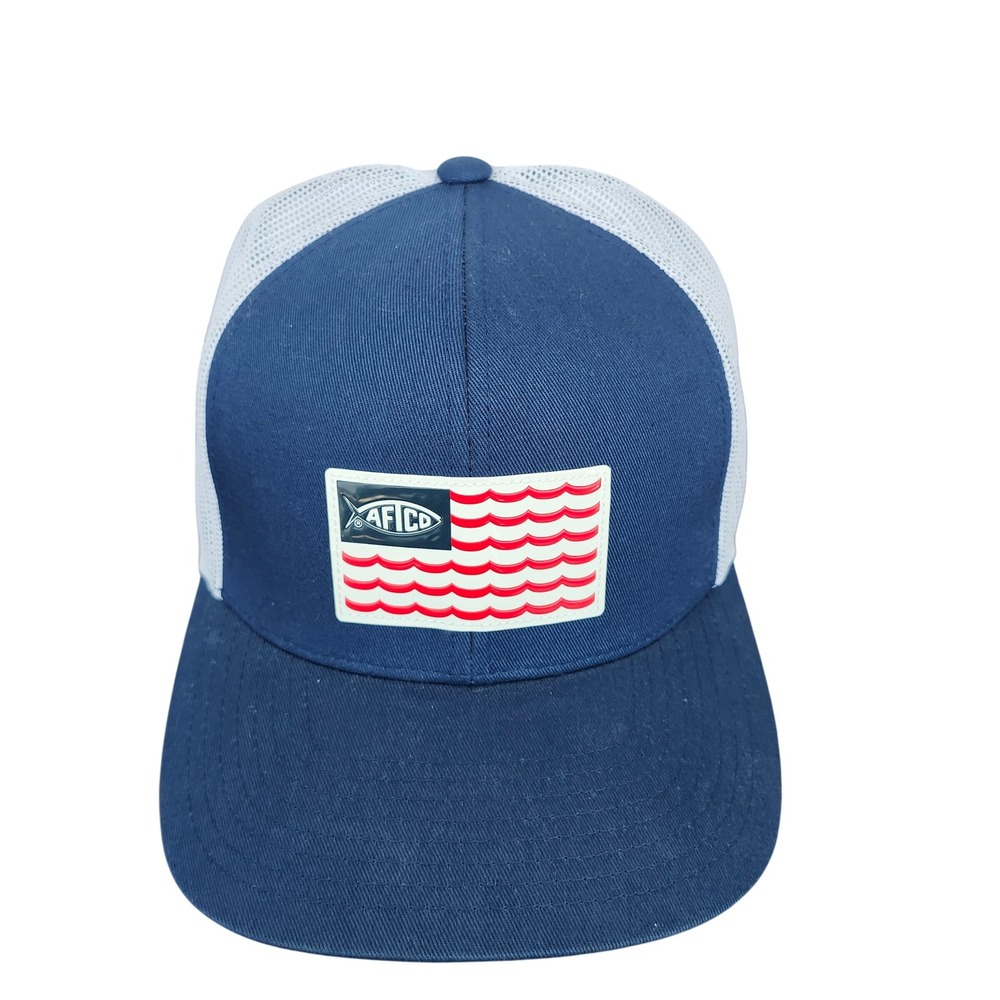 AFTCO American Fishing Tackle Co Navy White Mesh Snapback Trucker Hat Flag Patch